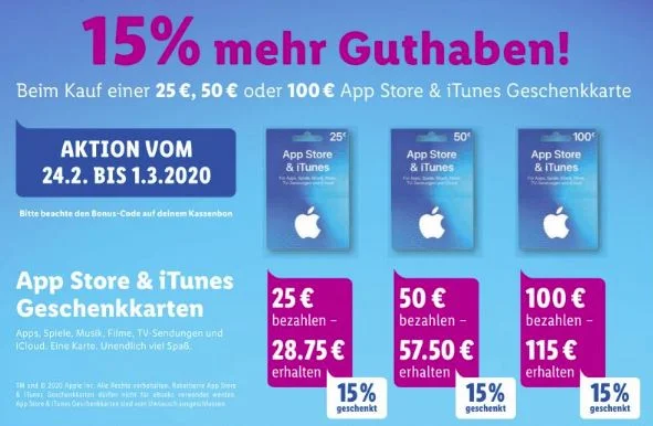 Bonusguthaben für iTunes-Karten: Mehr fürs Geld bei Kaufland, Edeka, LIDL, Budni & Marktkauf