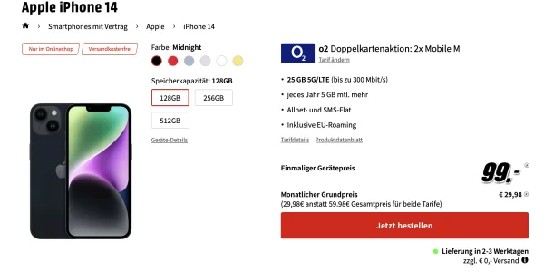 iPhone 14 mit 2 x 25 GB Allnet-Flat für nur 29,98 € monatlich