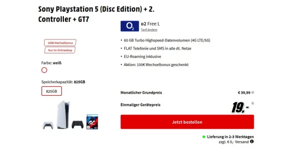 PlayStation 5 + zwei Controller + Spiel inklusive 60 GB Daten und Allnet-Flat für effektiv 0,73 € monatlich