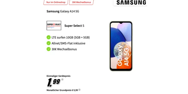 Samsung Galaxy A14 5G: Mit 10 GB Allnet-Flat nur 9,99 € monatlich