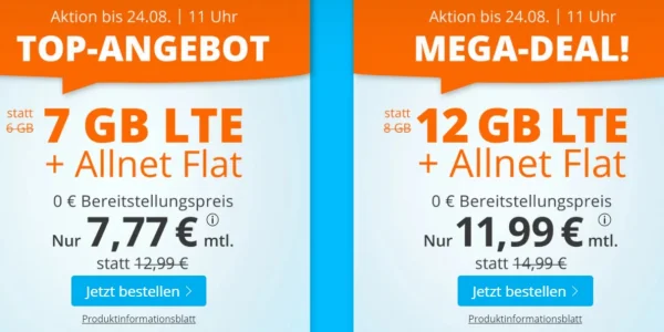 7 GB oder 12 GB Allnet-Flat für 7,77 € bzw. 11,99 €