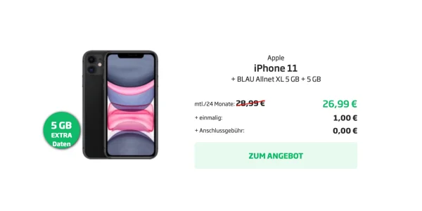 iPhone 11 inklusive 10 GB Daten und Allnet-Flat für monatlich 26,99 €