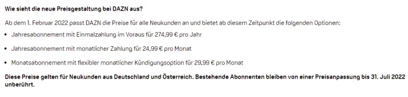 DAZN erhöht die Preise: Ab 1. Februar kostet ein Monatsabo für Neukunden 24,99 Euro