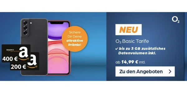 Neue o2 Basic Tarife: Gratis Datenvolumen und bis zu 400 € Amazon-Gutschein