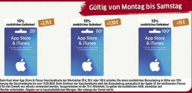 Bonusguthaben für iTunes-Karten: Mehr fürs Geld bei Kaufland, Edeka, LIDL, Budni & Marktkauf