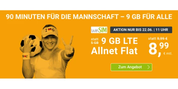 Bis 22. Juni.: 9 GB Allnet-Flat für 8,99 € bei winSIM