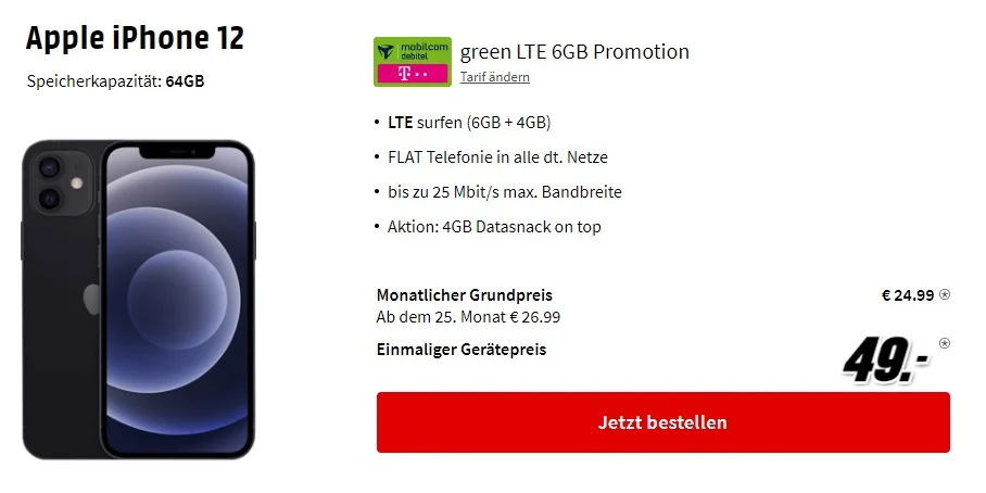 iPhone 12 für einmalig 49 € inklusive 10 GB Daten zum effektiven Nulltarif