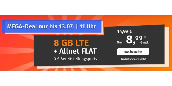 Sim Only: 7 GB für 7,99 € oder 8 GB für 8,99 €