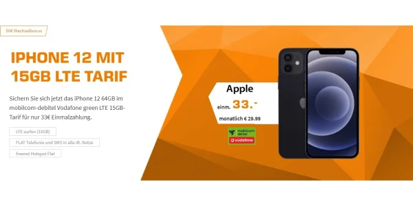 iPhone 12 mit 15 GB Datenvolumen (Vodafone-Netz) für günstige 29,99 Euro monatlich