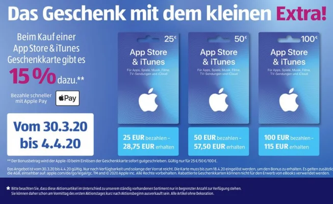 Bonusguthaben für iTunes-Karten: 15 Prozent bei ALDI Süd & 10 Prozent bei Apple und Amazon (Update)