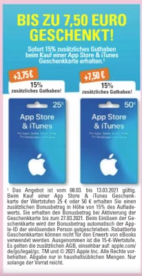 Bonusguthaben für iTunes-Karten: 15 Prozent extra bei Edeka, Marktkauf & Budni