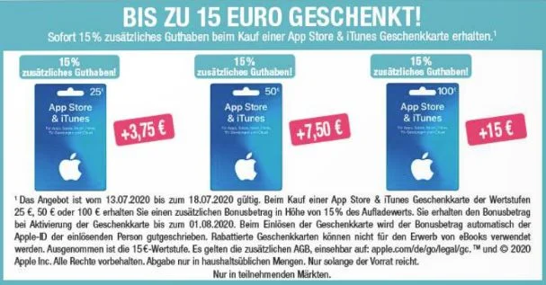 Bonusguthaben für iTunes-Karten: 15 Prozent extra bei Edeka, Marktkauf & Budni