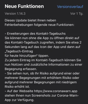 Version 1.14.3: Corona-Warn-App jetzt mit Schnellzugriff für das Kontakt-Tagebuch