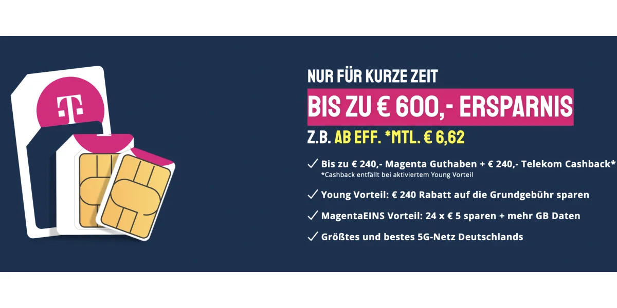 Bis zu 600 €: Sim-Only-Tarife der Telekom für kurze Zeit stark reduziert - 20 GB für effektiv 6,62 €