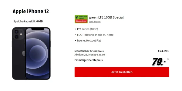 iPhone 12 mit 10 GB Daten (Vodafone) für nur 24,99 € monatlich