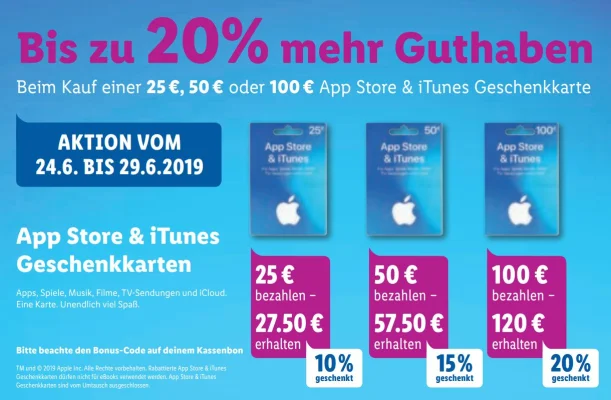 Bonusguthaben für iTunes-Karten: Diese Woche bis zu 20 Prozent extra bei LIDL & Kaufland (Update)