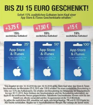 Bonusguthaben für iTunes-Karten: Diese Woche 15 Prozent extra bei ALDI Süd, Marktkauf & Edeka