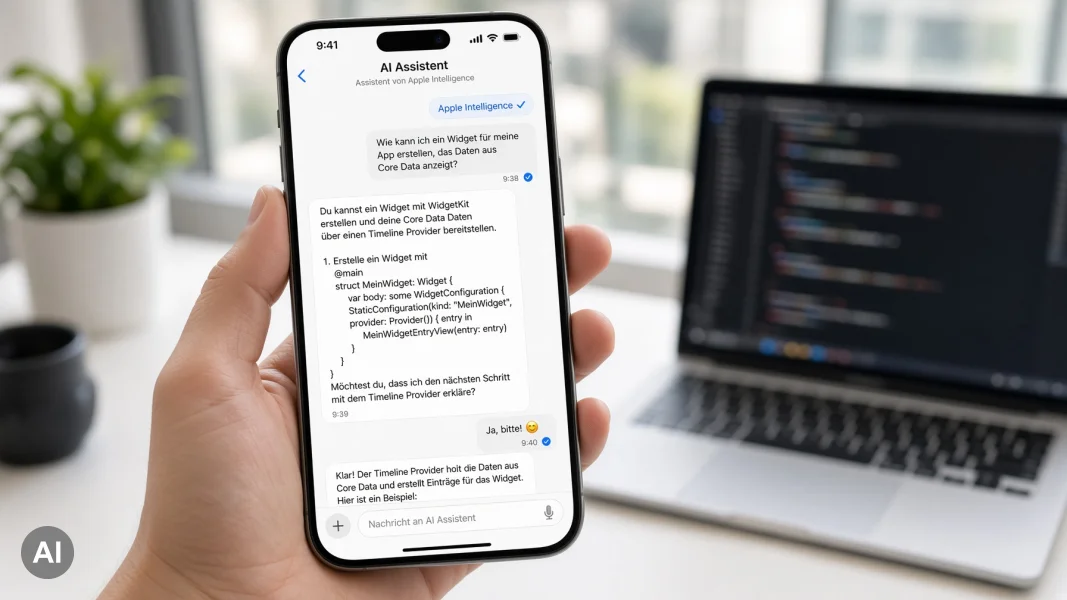 iPhone mit Siri-Chat-Interface auf Deutsch vor unscharfem Entwickler-Workspace