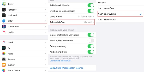 iOS 13, Tabs in Safari automatisch schließen