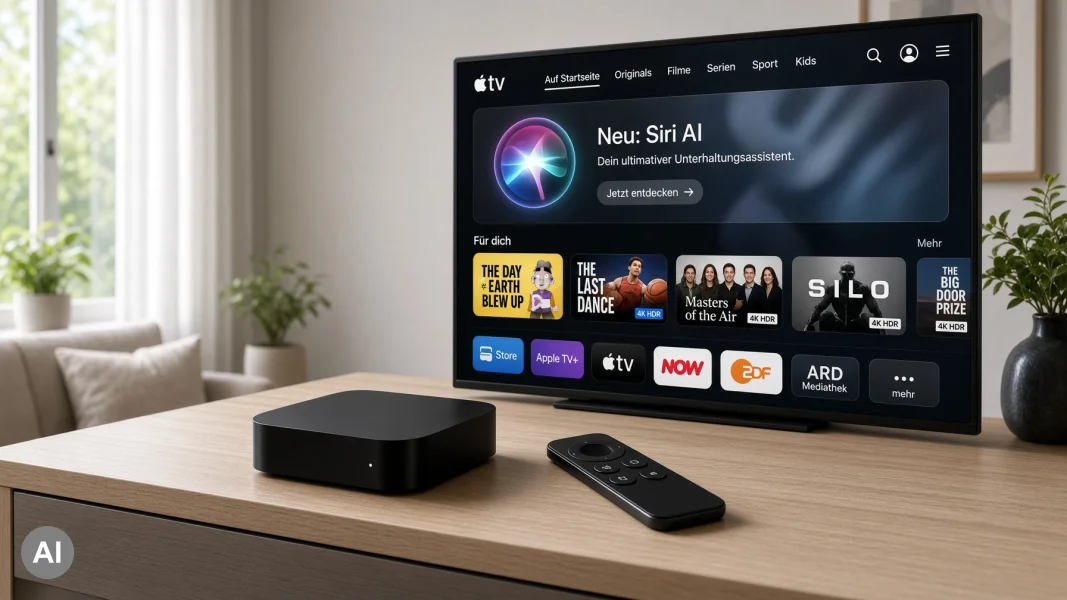 Neuer Apple TV 4K auf der Konsole, im Hintergrund zeigt der Fernseher das tvOS-Interface mit Siri AI und deutschen Beschriftu