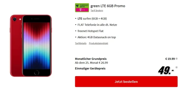 iPhone SE 2022 mit 10 GB LTE Datenvolumen (Telekom) nur 19,99 Euro monatlich