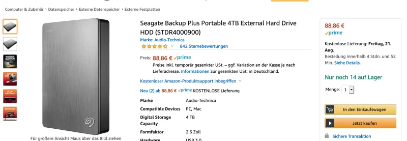 Preisfehler bei Amazon - Seagate Backup Plus 4TB USB-Festplatte 63€ günstiger