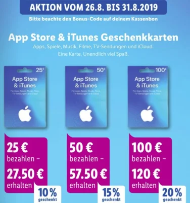 Bonusguthaben für iTunes-Karten: Bis zu 20 Prozent extra bei LIDL & Penny