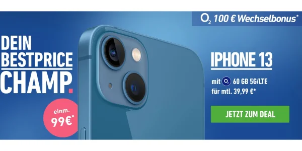 iPhone 13 einmalig 99 €: 60 GB Daten inkl. Allnet-Flat für effektiv 8,32 € monatlich