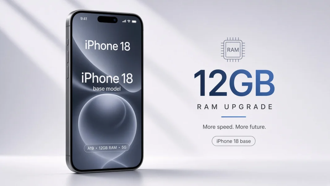 Konzeptrender eines iPhone 18 mit Dynamic Island und Grafik für 12 GB RAM-Aufrüstung.