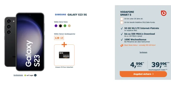 50 € Amazon Gutschein gratis: Samsung Galaxy S23 mit über 90 GB Daten für effektiv 6,91 €