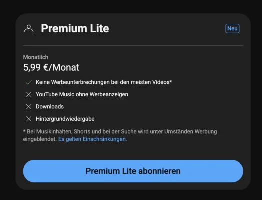 YouTube Premium Lite ist jetzt für alle verfügbar: So spart ihr als iOS-Nutzer monatlich zwei Euro!
