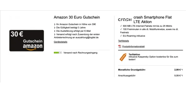 Nur 2,99€/Monat - Handytarif mit LTE inkl. 500MB Daten + 100 Freiminuten + 30€ Amazon.de Gutschein