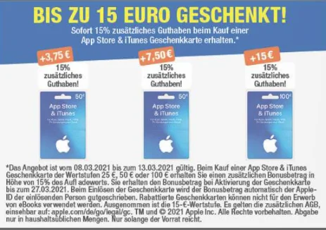 Bonusguthaben für iTunes-Karten: 15 Prozent extra bei Edeka, Marktkauf & Budni