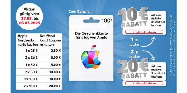 Kaufland: Apple Geschenkkarte kaufen und Einkaufsgutschein bis zu 20 Euro mitnehmen