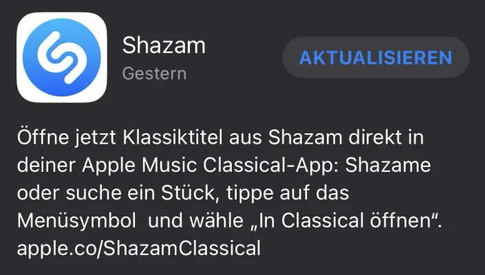 Shazam unterstützt mit Version 15.33 Apple Music Classical