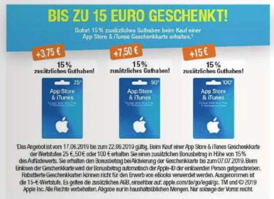 Bonusguthaben für iTunes-Karten: 15 Prozent extra bei Maktkauf & Edeka