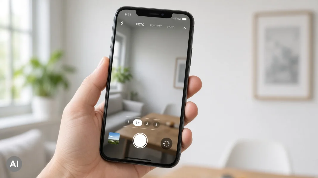 iPhone mit Kamera-App im Reference Image-Modus und deutscher Benutzeroberfläche.