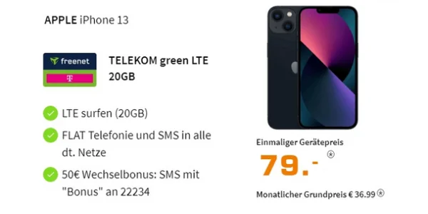 iPhone 13 mit 50 € Wechselbonus: 20 GB Daten im Telekom-Netz für effektiv 6,99 € monatlich