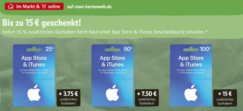 Bonusguthaben für iTunes-Karten: Bis zum Samstag 15 Prozent extra bei Rewe