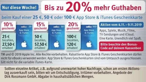 Bonusguthaben für iTunes-Karten: Bis zu 20 Prozent extra bei LIDL, Kaufland & Rossmann