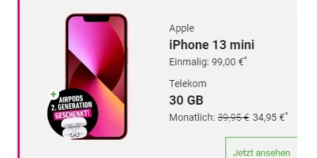 iPhone 13 mini für junge Leute: AirPods 2 geschenkt und 50 GB Daten für nur 34,95 €