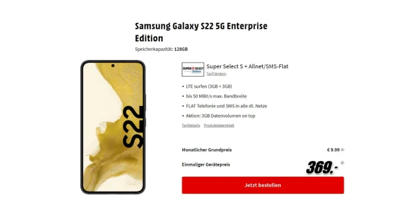 Knallerpreis: Samsung Galaxy S22 einmalig 369 € + 6 GB Datenvolumen effektiv geschenkt
