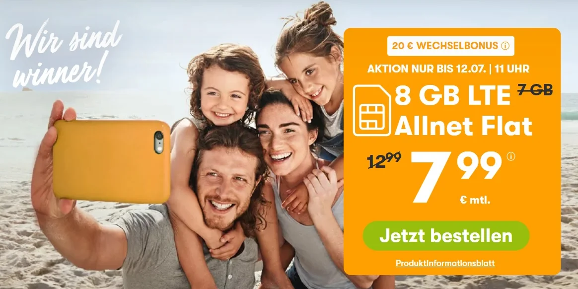 8 GB Datenvolumen inkl. Allnet-Flat für 7,99 € monatlich: 20 € Bonus bei Rufnummernmitnahme