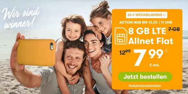 8 GB Datenvolumen inkl. Allnet-Flat für 7,99 € monatlich: 20 € Bonus bei Rufnummernmitnahme
