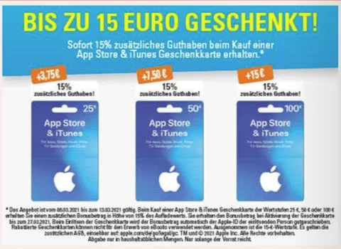 Bonusguthaben für iTunes-Karten: 15 Prozent extra bei Edeka, Marktkauf & Budni