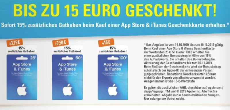 Bonusguthaben für iTunes-Karten: Diese Woche 15 Prozent extra bei ALDI Süd, Marktkauf & Edeka