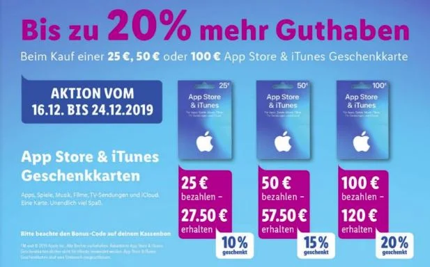 Bonusguthaben für iTunes-Karten: 15 Prozent extra bei Penny & ALDI Süd sowie bis zu 20 Prozent bei LIDL (Update)