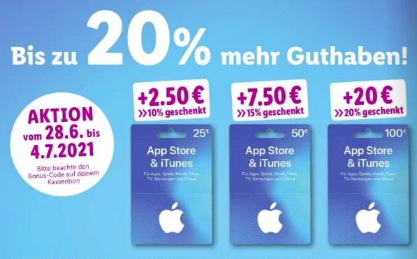 Bonusguthaben für iTunes-Karten: Bis zu 20 Prozent extra bei LIDL