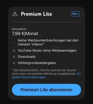 YouTube Premium Lite ist jetzt für alle verfügbar: So spart ihr als iOS-Nutzer monatlich zwei Euro!
