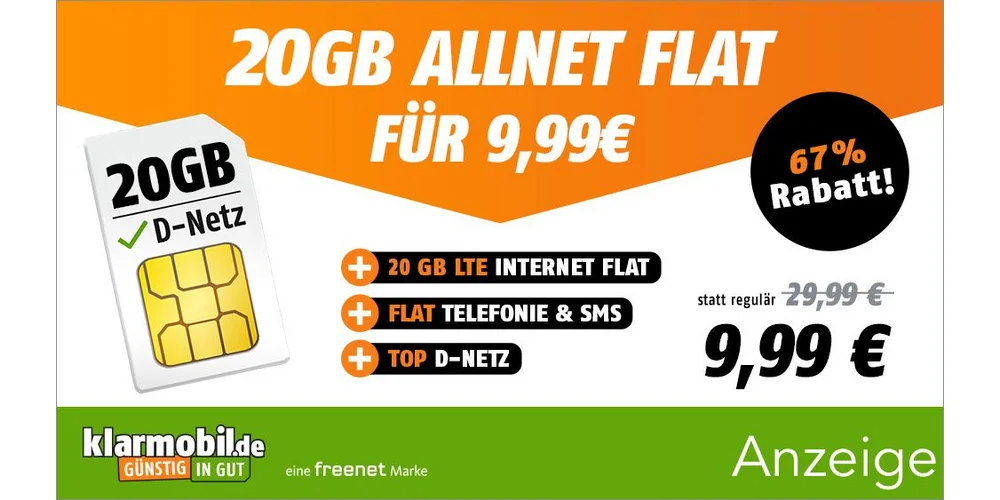Mega Deal: 20 GB LTE Allnet-Flat (Vodafone) für nur 9,99 € monatlich